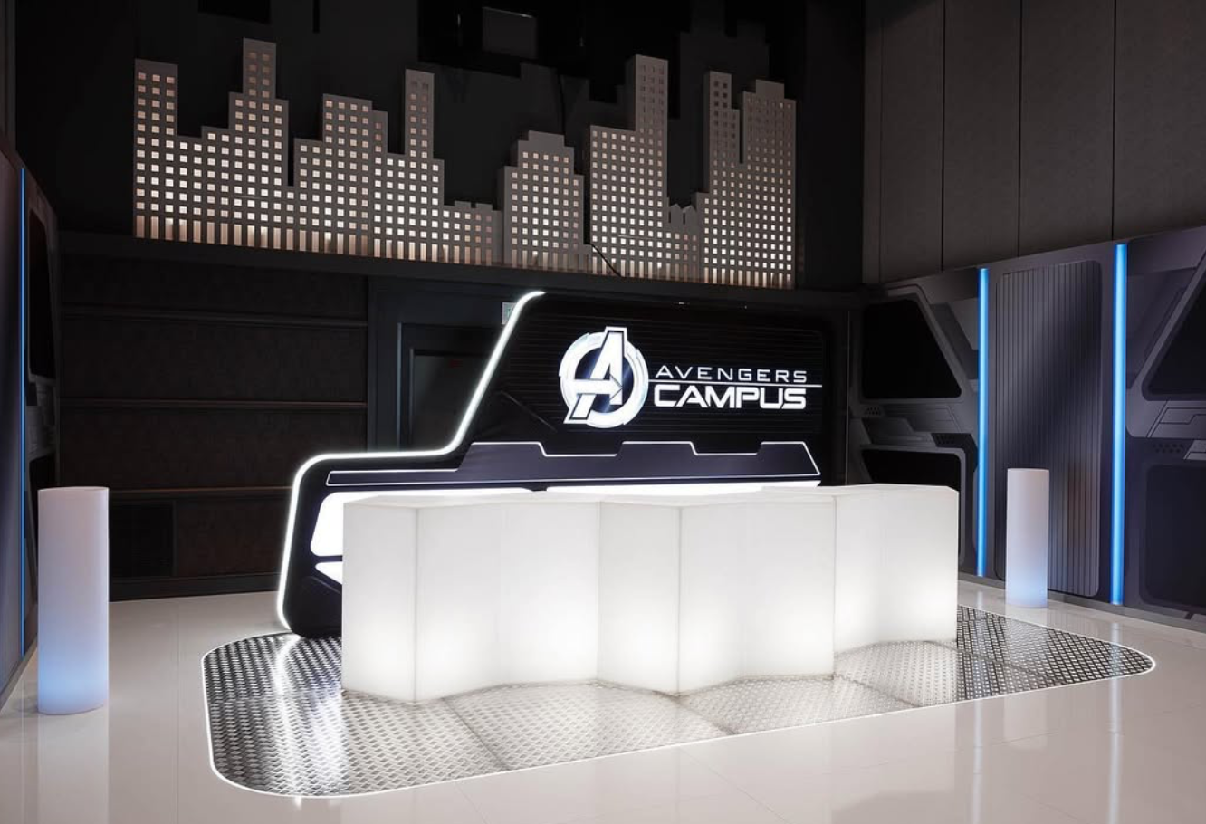 Futuristic Avengers Campus reception environment with illuminated desk